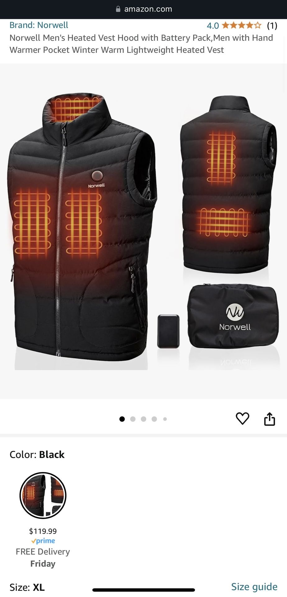 NORWELL Men's Heated Vest Lightweight Warm Jacket With Removable Hood (Battery Pack) X-Large Black****Factory Sealed