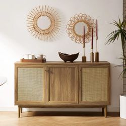 Haylee Sideboard, Modern Farmhouse Boho Accent Buffet Storage Cabinet, Natural Rattan Doors, Console Table, Credenza, Media Cabinet, Adjustable Shelve