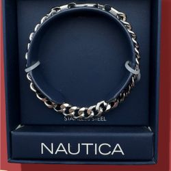 Nautica Men's Silver Stainless Steel Cuban Chain Bracelet + Gift Box 8.5 Inches