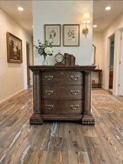 Dark Wood 3-Drawer Chest with Brass Hardware