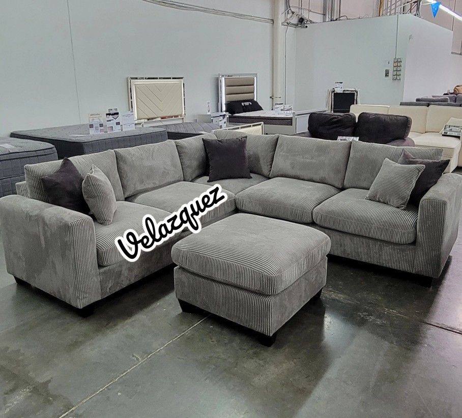 ✅️✅️ 4pc for grey corduroy fabric upholstered sectional sofa with ottoman ✅️✅️