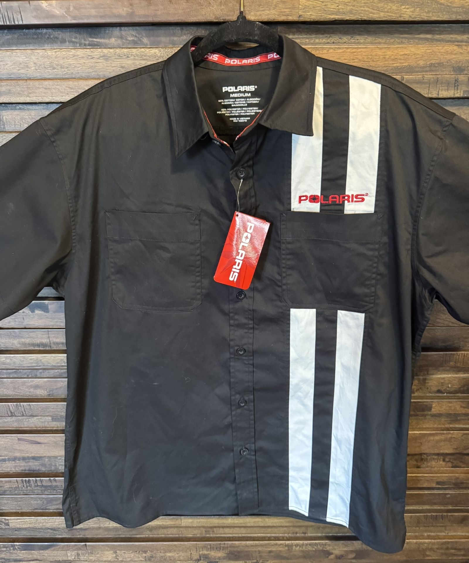 Polaris Eagle River Garage Mens MED White Stripe Button Short Sleeve Shirt NWT