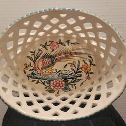 Vintage Outeiro Agueda Ceramic Basket Floral Pheasant Motif Lattice Portugal