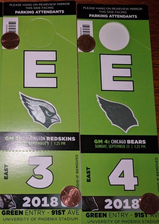 (5) Green East Lot Arizona Cardinals Single game or Season Bears 49ers Broncos Redskins Seahawks Raiders Lions Rams parking passes