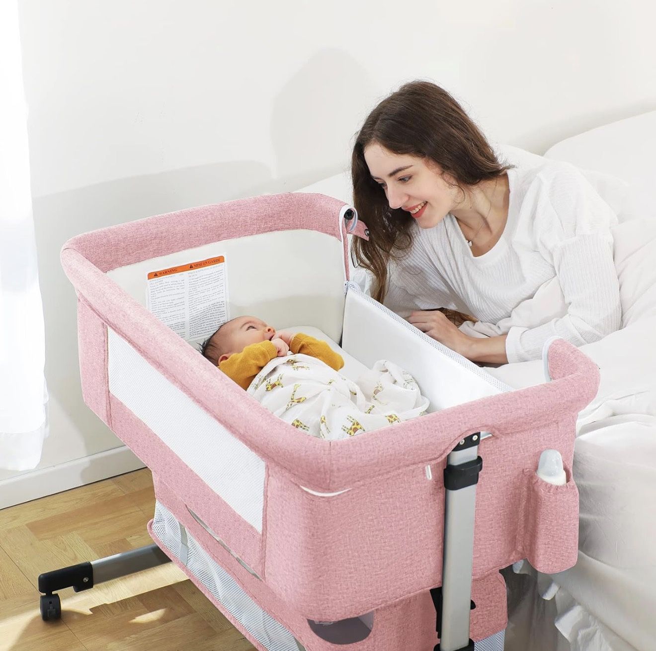 Ihoming Baby Bassinet Bedside Sleeper, Baby Bed Side Crib with Storage Basket, Easy Folding Bassinets, Adjustable Baby Bed for Infant Newborn, Pink