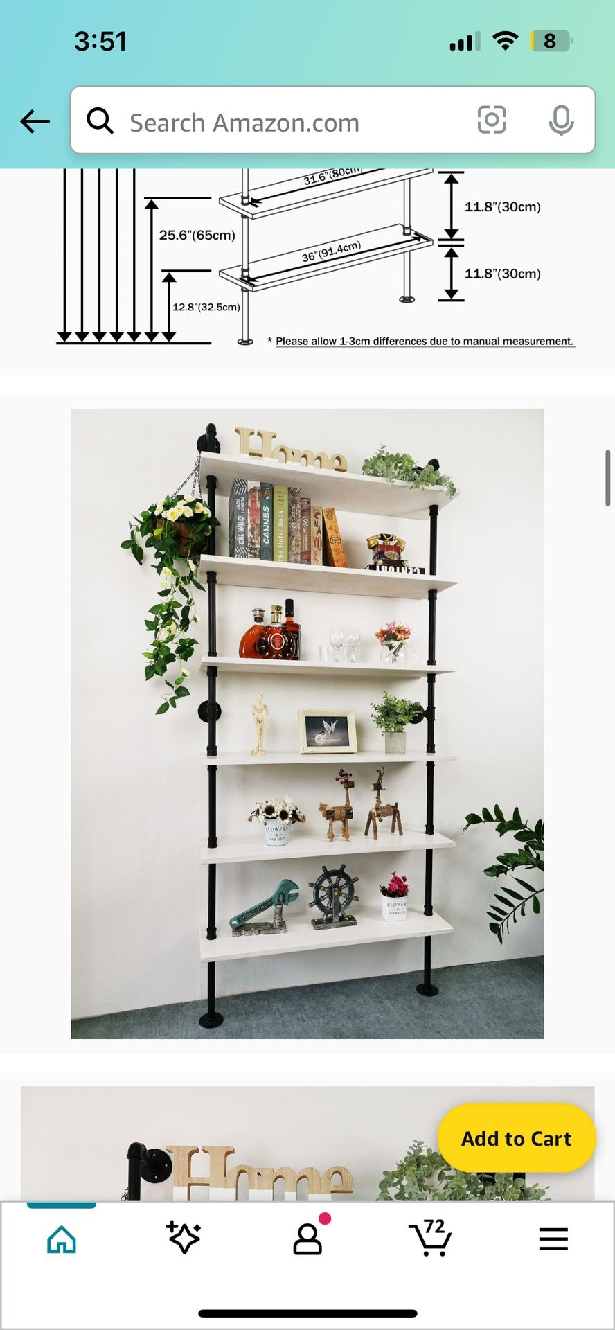 6 Tier Industrial Ladder Shelf Bookcase, Wall Mounted Rustic Bookshelf for Living Room Decor and Storage (White, 6 Tier - 10" D x 36" W x 82.5