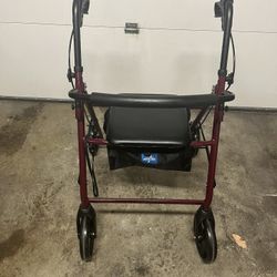 Folding Medline Steel Rollator Walker in burgundy In New Condition 