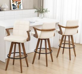 Swivel Counter Stools Set of 3 - 26.7 inch Mid Century Counter Stools with Back and Arms, Walnut Craftsmanship, Faux Leather Seat, Counter Height Bar 