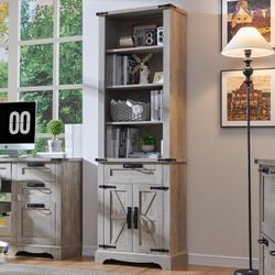 Bookshelf with Storage Cabinet, 72" Tall Farmhouse Bookcase with Adjustable Shelves and Barn Door, 4 Tier Office Wood Bookshelf