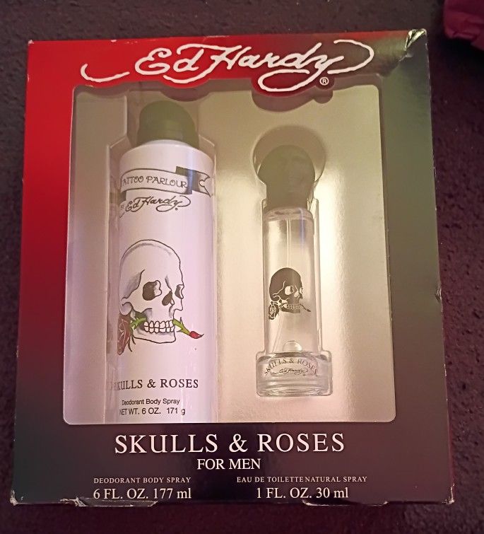 Ed Hardy Skulls & Roses gift set for men. The set includes a deodorant body spray and an eau de toilette natural spray. $20.