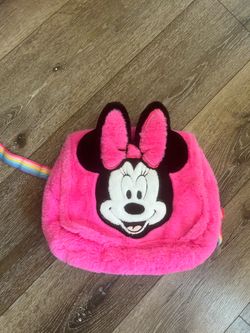 Authentic Disney Store Minnie Mouse Pink Fuzzy Plush Backpack Rainbow Straps 10"