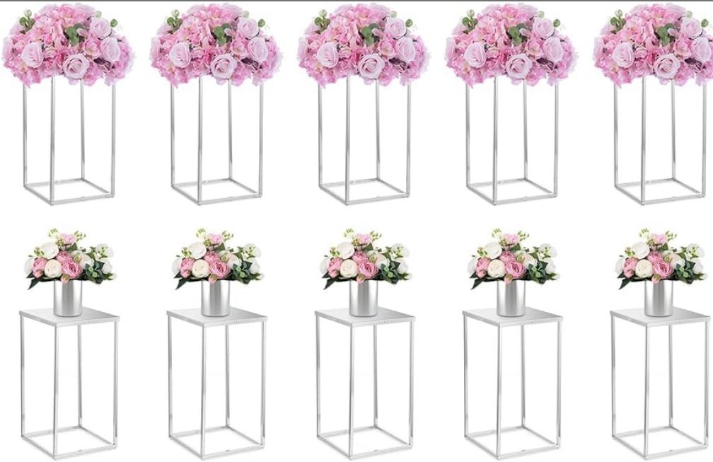 Nuptio Wedding Centerpieces For Tables - 10 Pcs 15.7 Inch Tall Silver Vases For Centerpieces - Flower Stand For Wedding Centerpiece Table Decorations