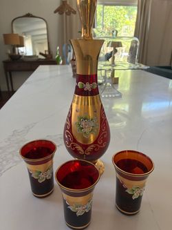 Vintage Ruby Red Glass Decanter Set with Cups