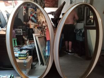 Pair of Oval Wall Mirrors White and Gold Frame