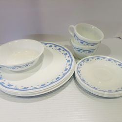Corelle Morning Blue Dishes  4 Dinner Plates 4 Saucers  1 Bowl & 2 Mugs