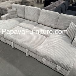120” Large sectional, Sectional sofa With Pull-out Bed, Sofabed, Sofa Bed, Sectional Couch, Corduroy Sectional,Plush Sectional Large Couch, Gray Sofa,