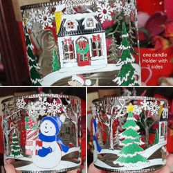 Bath And Body Works Snowman Christmas Tree And House Candle Holder 