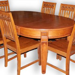 Vintage Round Solid Oak Extendable Dining Table w/ 6 Matching Chairs 