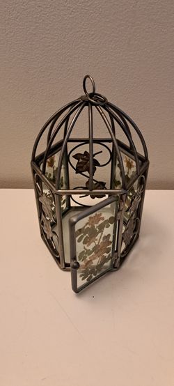 Vintage Metal Birdcage Lantern with Pressed Flower Glass