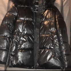 DKNY Womens Puffer Jacket XS Black Faux Fur Trim Hooded