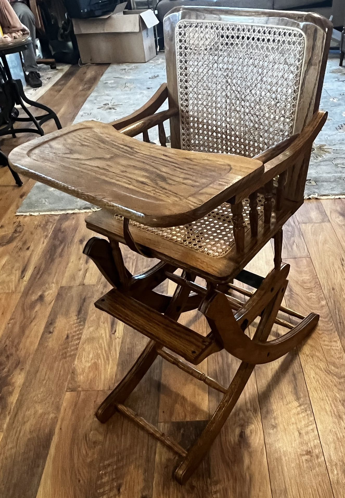 Antique Solid Oak Mechanical Convertible High Chair/Rocker Woven Cane -Working