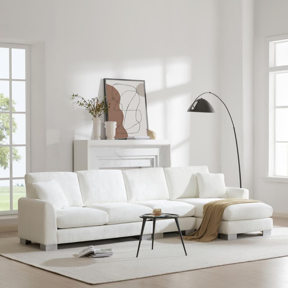 119 in. Round Arm L-Shape Chenille Sectional Sofa in. White with Chaise And Aluminum Legs