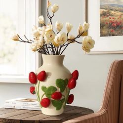 LuxenHome Ivory with Red Strawberries Ceramic 11 in Tall Vase,2182-RD