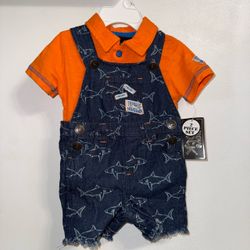 NWT Boys Rock Orange/Blue Overall Shark Theme - “Totally Jawsome” Set 0-3 M