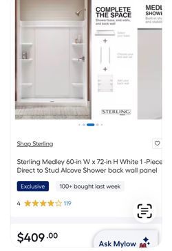 Sterling Medley 60-in W × 72-in H White 1-Piece Direct to Stud Alcove Shower back wall panel
