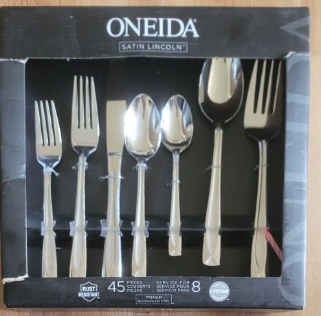Oneida Lincoln Satin 45 Piece Everyday Flatware, Service for 8, Complete, NEW