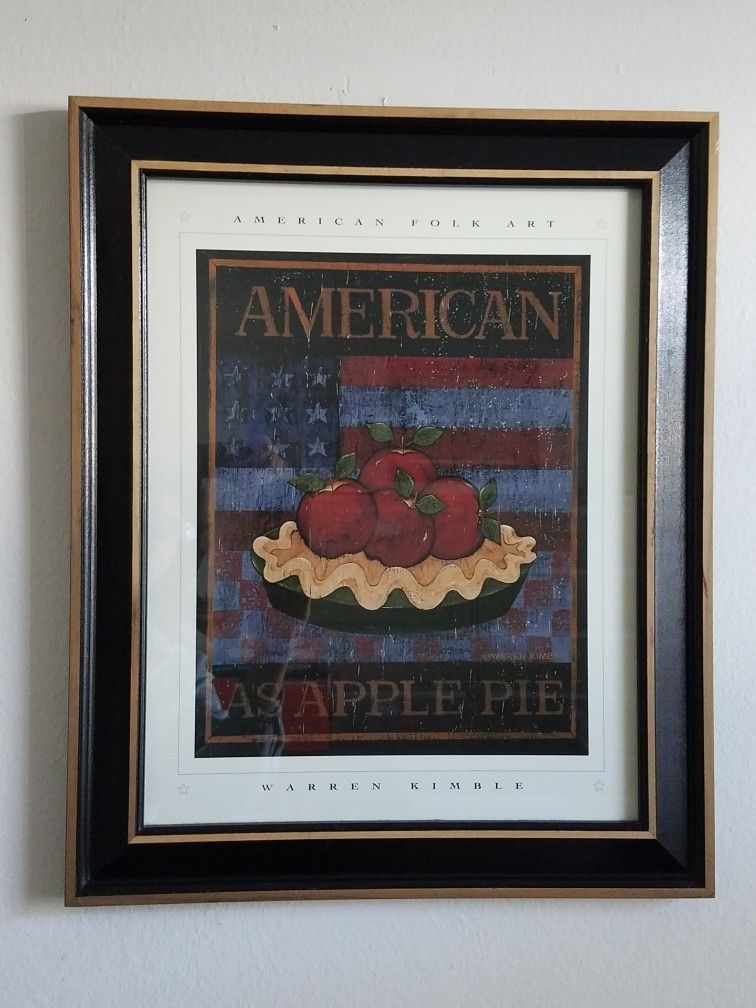Warren Kimble American Folk Art framed print "American as Apple Pie" in great condition.
