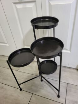 Black 4 Tier Metal Plant Stand Indoor Outdoor Diameter4" Each & 24 " Tall ~ Folded
