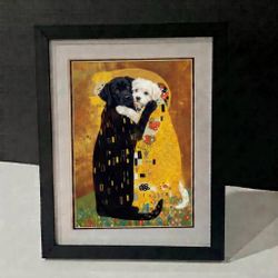 Klimt-Inspired “The Kiss” Black Lab & White Dog Framed  Print