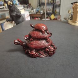Japanese Lucky Charm For Fertility, Family Prosperity & Good Fortune Feng Shui 3 Tier Tortoises In Red Resin 3.25H X 4.5L X 3"W 