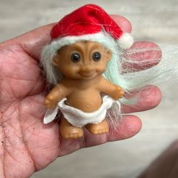 Vintage Russ Christmas 3” Baby Troll With Baby Diaper Santa Hat Light Blue Long Hair 