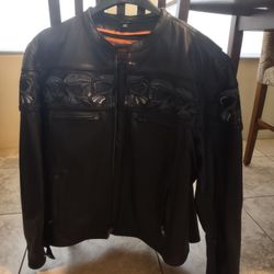 Leather Men's Jacket With Beautiful Embroidery Strip All Around Chest And Wrists. Excellent Condition, Like New.