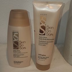Avon SKIN SO SOFT Satin Glow Daily Body Moisturizer & Perfect Legs Fair Skin. Full, no use to light use, if any. 2006 & 2007. 