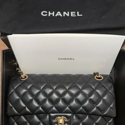 Chanel Black Caviar Leather 10" Medium Double Flap Classic Bag