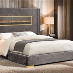 Brand New Grey Queen Bed Frame w Fireplace Simulator (Available in Eastern King)