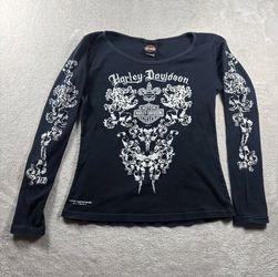 Vintage Harley Davidson Womens M Black Long Hit Sleeve T-Shirt BabyDoll Fairy#4A