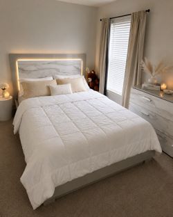Modern Marble-Patterned Bedroom Set - Bed Frame and Dresser
