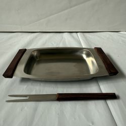 NEW IN BOX Vintage Kalmar Stainless Steel and Rosewood Pickle Tray and Fork Made in Denmark 