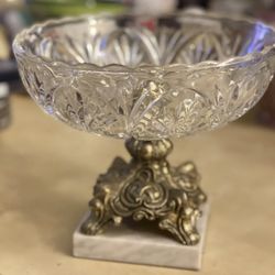 MID CENTURY FILIGREE STARBURST GLASS COMPOTE DISH MARBLE BASE HOLLYWOOD REGENCY