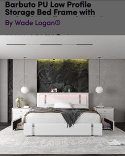 White leather light up LED bed with ports to charge phone, tablet ECT