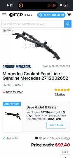 C250 Mercedes Coolant Feed Line - Genuine Mercedes