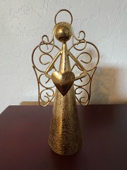 Gold Metal Angel Bell Figurine with Heart Detail