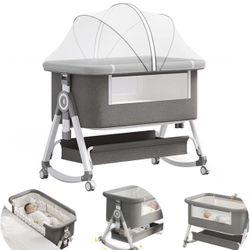 4 in 1 Baby Bassinet, Rocking Bassinets Bedside Sleeper with Comfy Mattress and Wheels, 