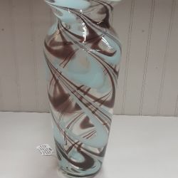 Burton & Burton Hand Blown Clear Art Glass Vase W/ Swirls Coffee & Powder Blue- Located In Shelton 