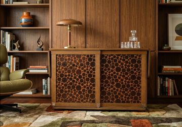 Vintage Mid-Century Modern Drop-Leaf Bar Cabinet / Credenza – Rare Bubble Sliding Doors - MCM