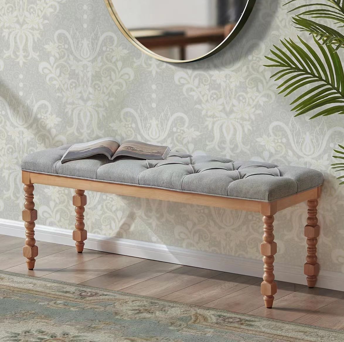 HUIMO Entryway Bench,Upholstered Dining Bench46-inch Button-Tufted Fabric End of Bed Bench for Bedroom, Living Room, Hallway, Seat for Kitchen, French